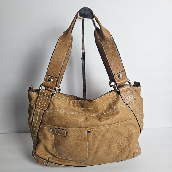 Vintage Fossil Tan Leather Shoulder Bag w/ Key – Classic Y2K Project Tote ZB2678 - Picture 2 of 16